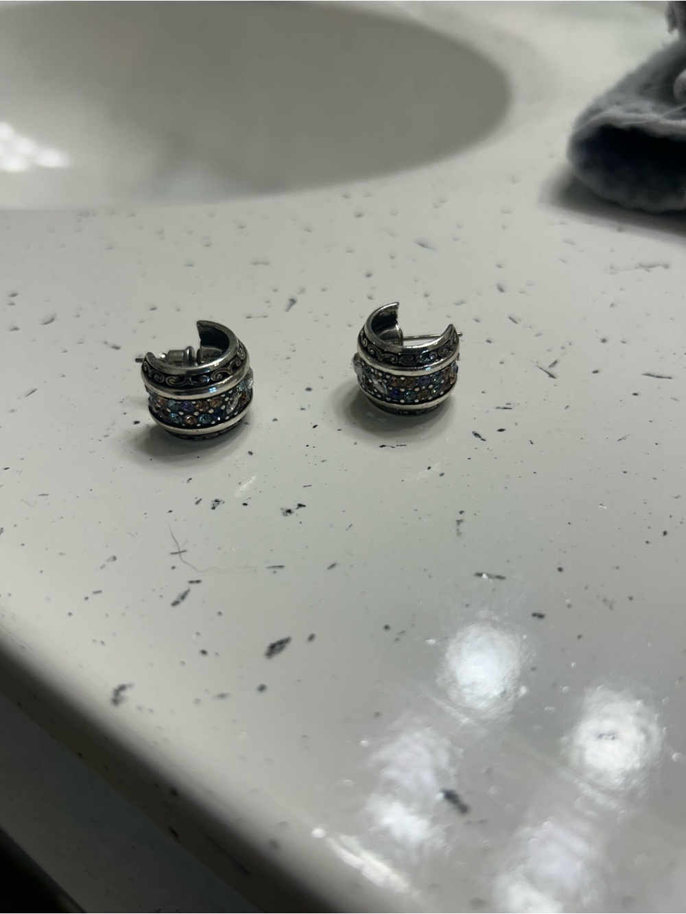 Chunky Silver Crystal Huggie Earrings -